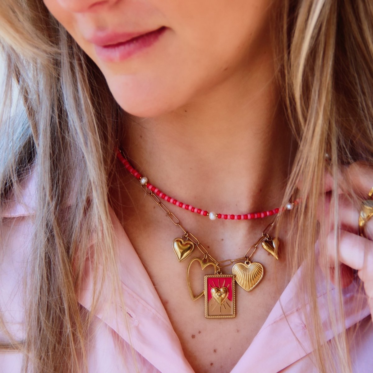 Ketting kralen met parels - roze/rood