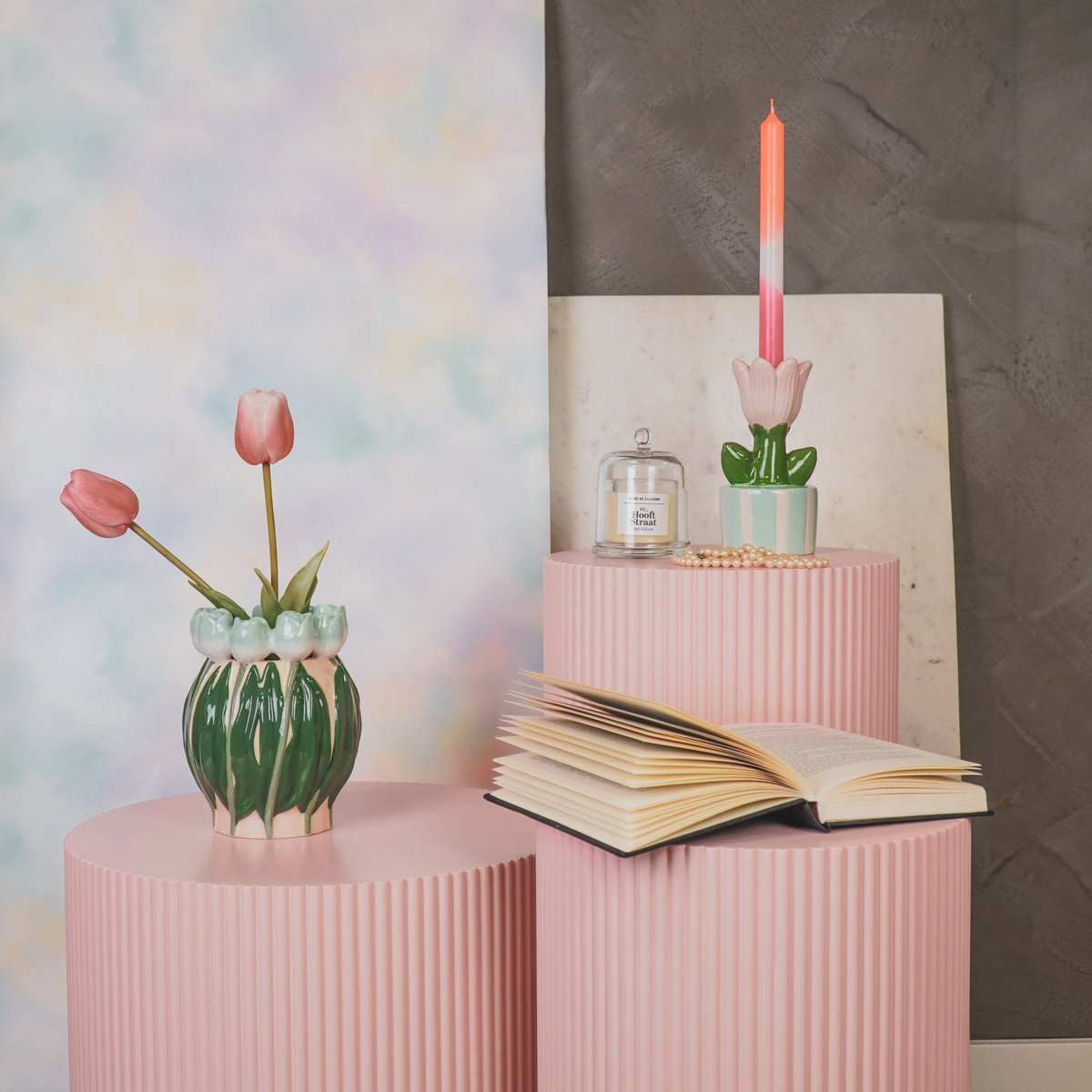 VASE-TULIPS- DOLOMITE-MINT/ GREEN-14X14X18CM