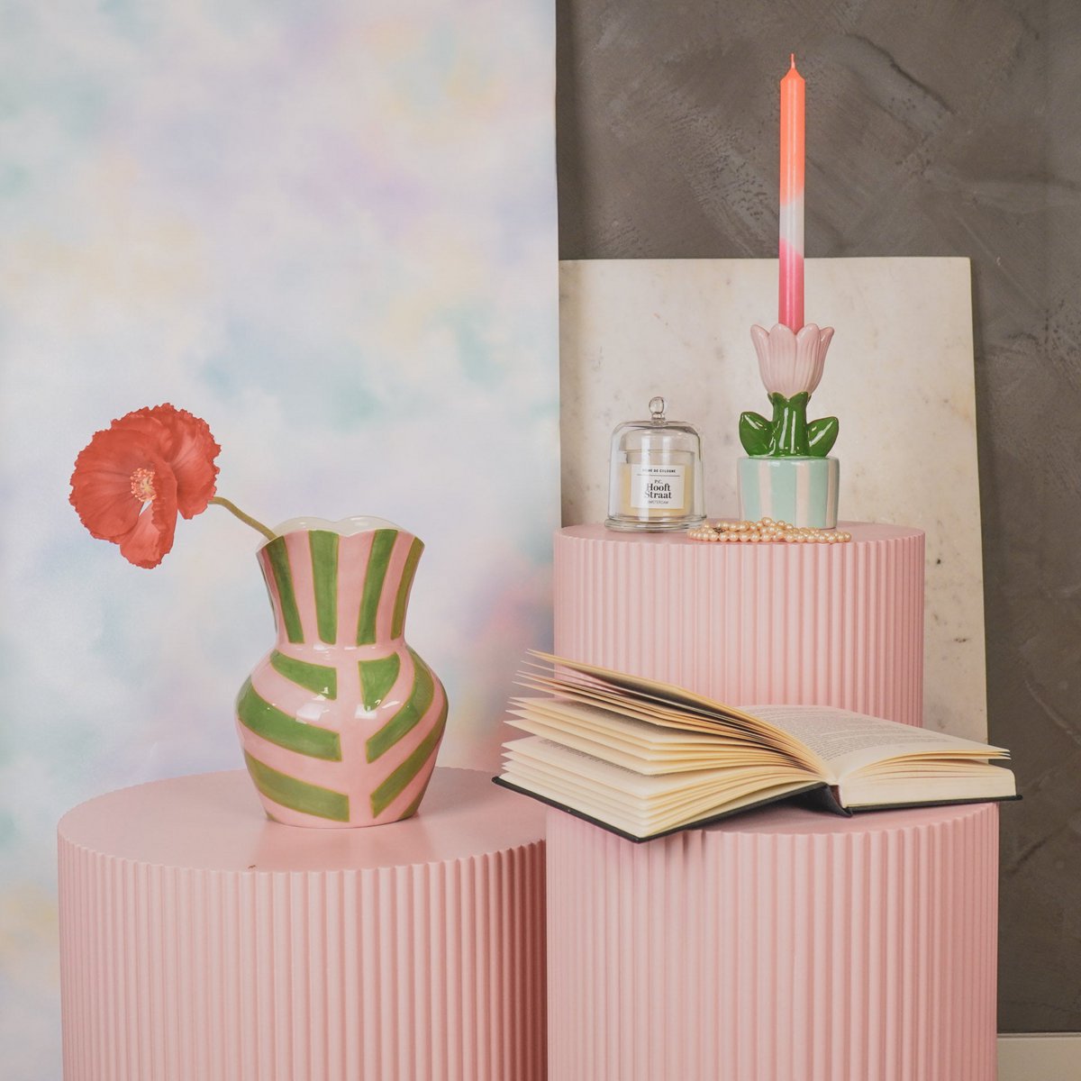 Vaas strik - groen/roze - 16x16x22cm
