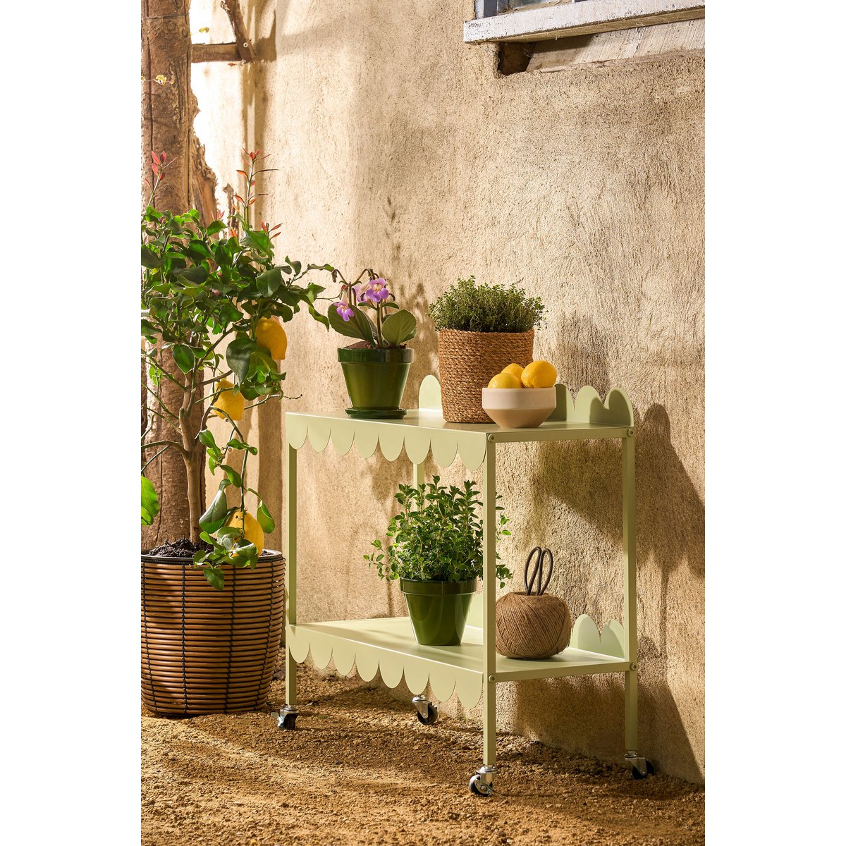Steffano Plant Table on Wheels - L79 x W28 x H67 cm - Metal - Light Green