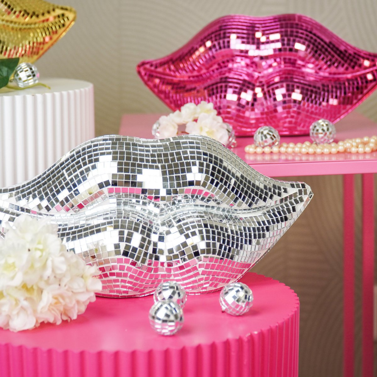 Ornament - disco -lippen - glas - zilver - 29x10x13,5 cm