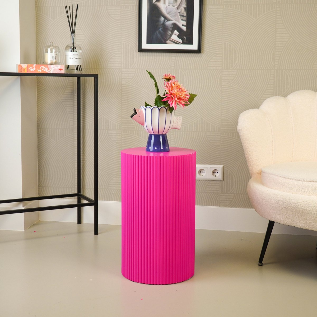 Side table / pillar - cylinder - MDF - neon pink - 30x54cm