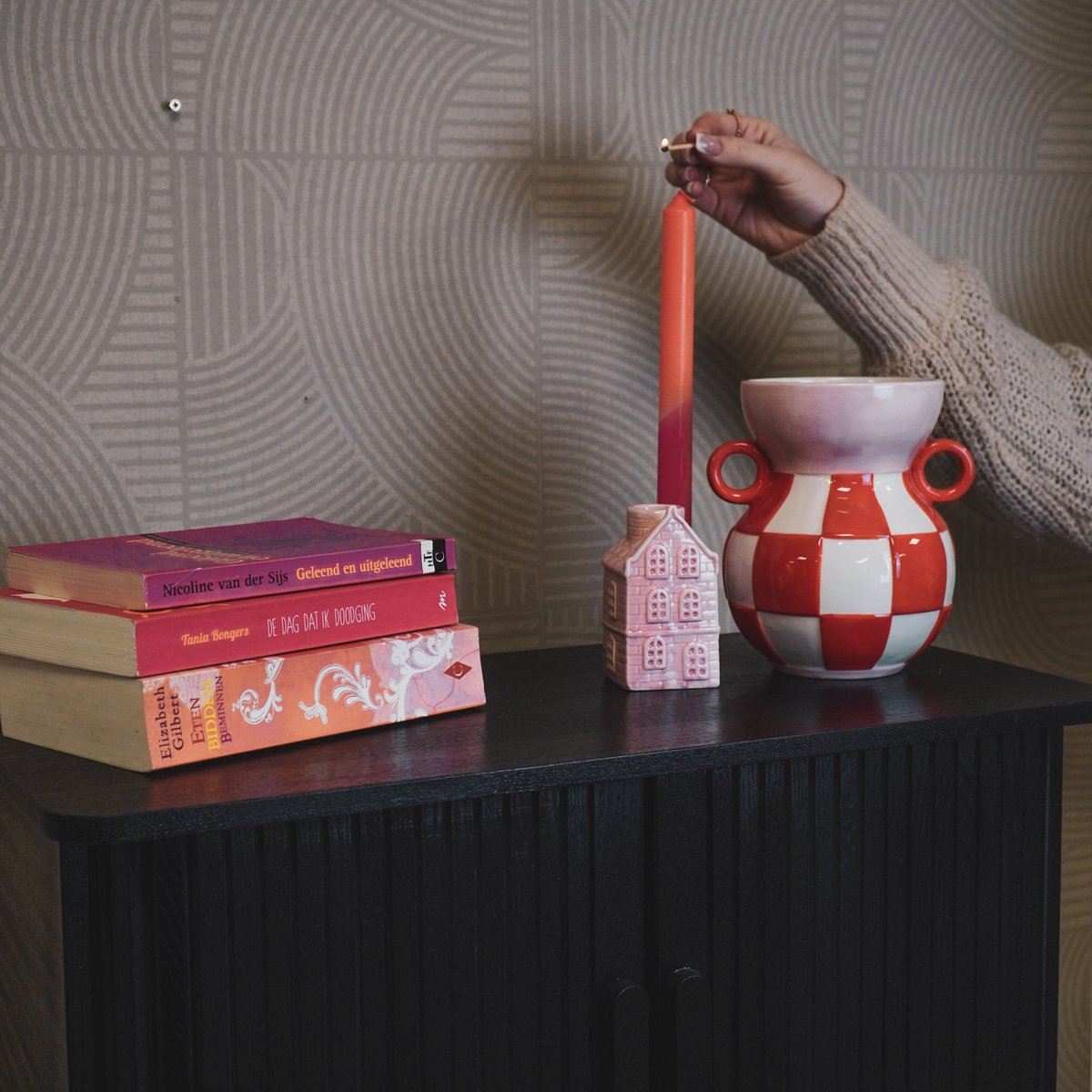 Vase - Jug - Ceramic - orange/pink -14.5x14x17cm