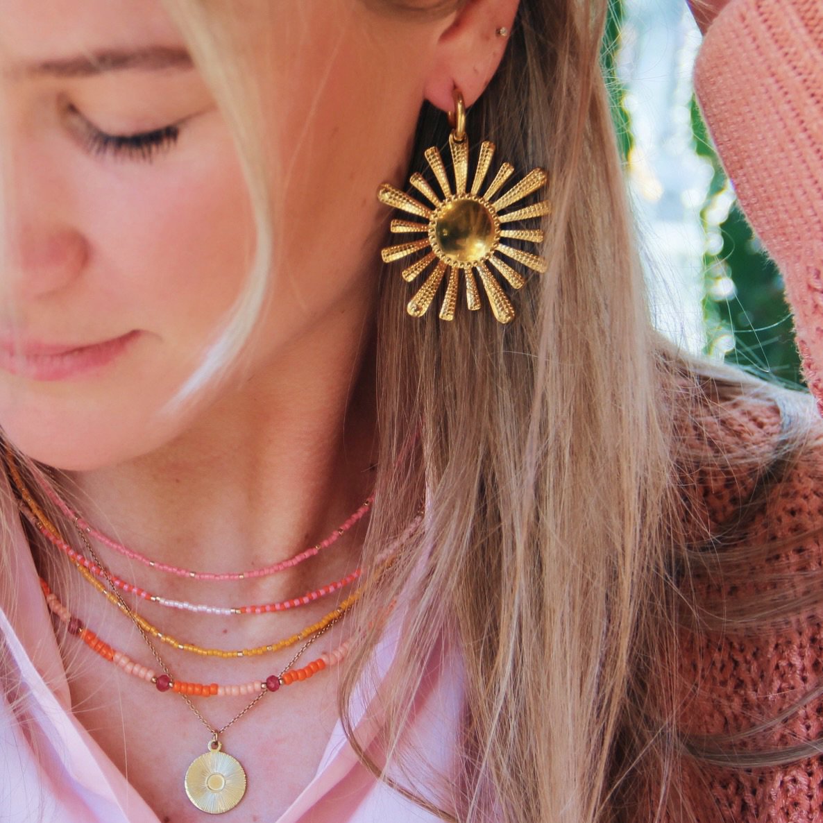 Kralen ketting rood/roze/nude