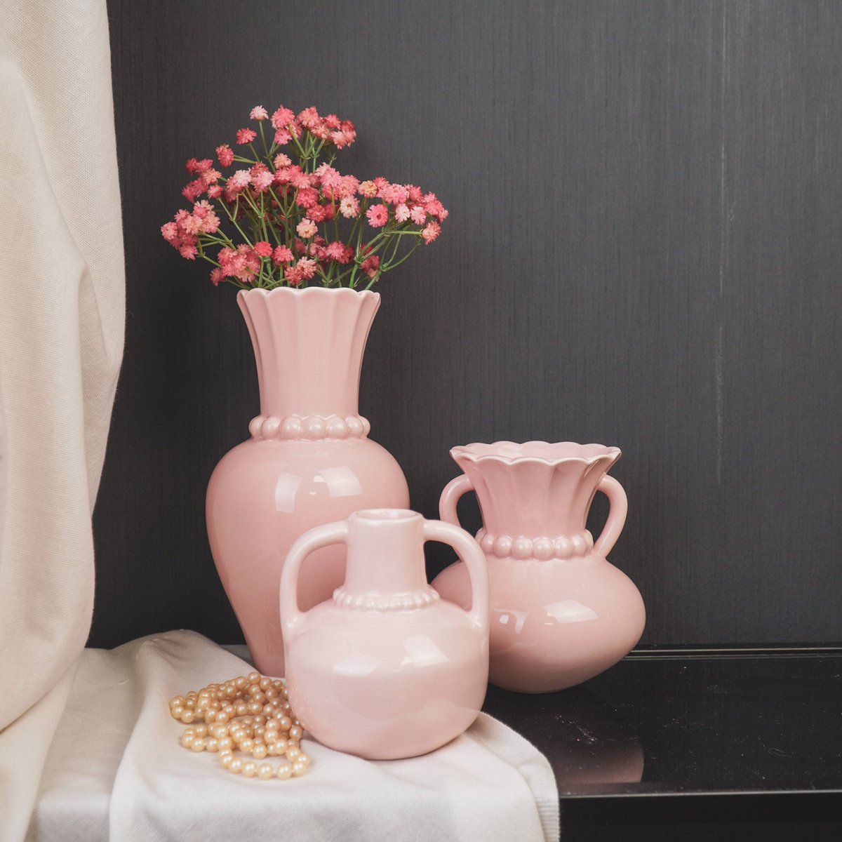 Vase - pearl neck - stoneware light pink - 14x14x15cm