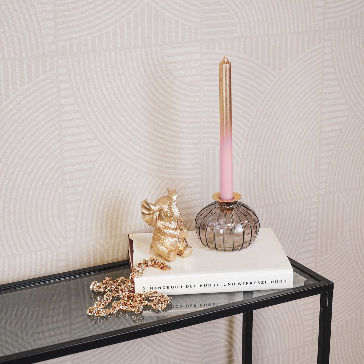 Kandelaar- Fles - Glas/Metaal- Bruin/Goud- 11x11x8,5cm