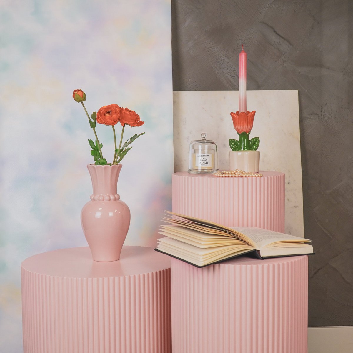 Vase - pearl neck - ceramic - light pink - 12x12x24cm