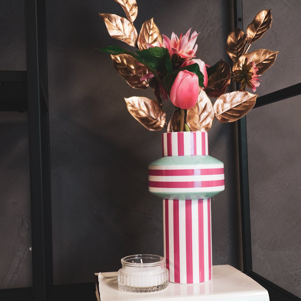 Vase - Stripe - Ceramic - Mint Green/Neon Pink - 13x13x25cm
