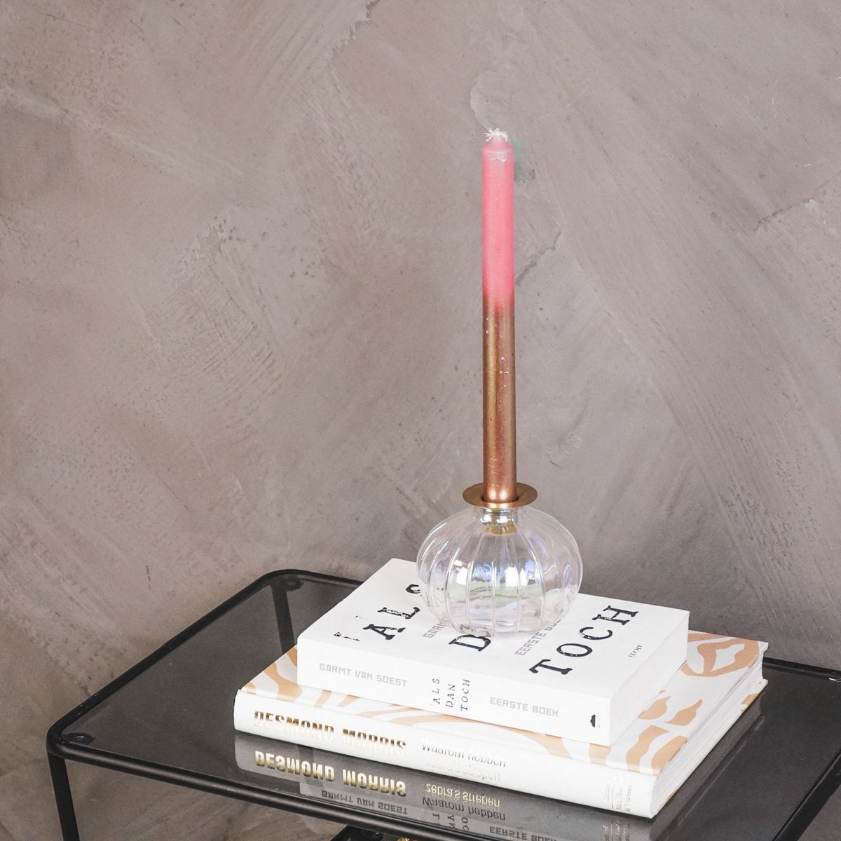 Candlestick - Bottle - Glass/Metal-Rainbow/Gold-11x11x8.5cm