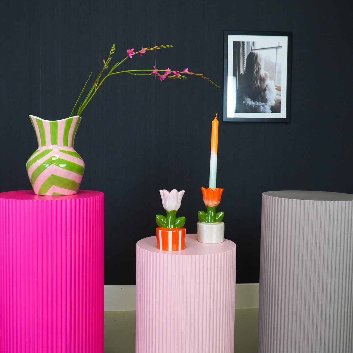 Vaas strik - groen/roze - 16x16x22cm