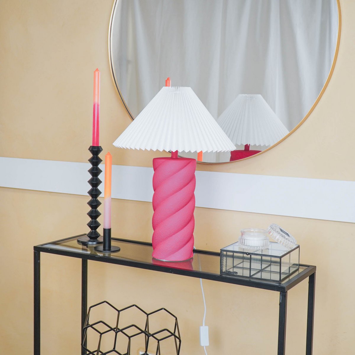 Tafellamp - keramiek - neon roze - E27- 12x12x28cm