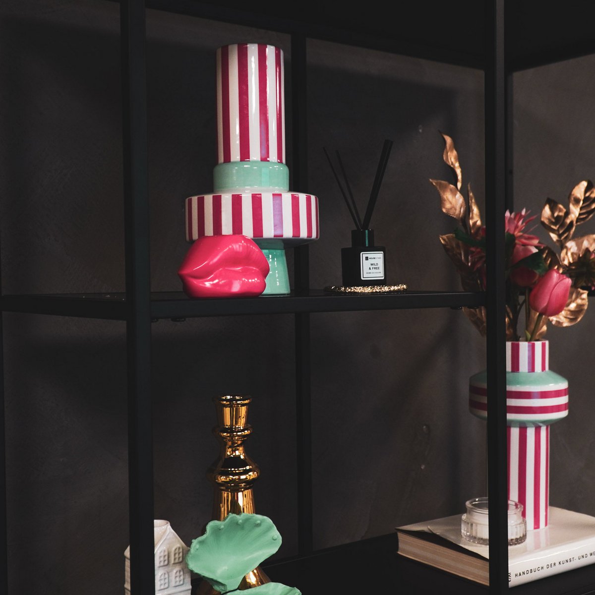Vase - Stripe - Ceramic - Mint Green/Neon Pink -14x14x26 cm