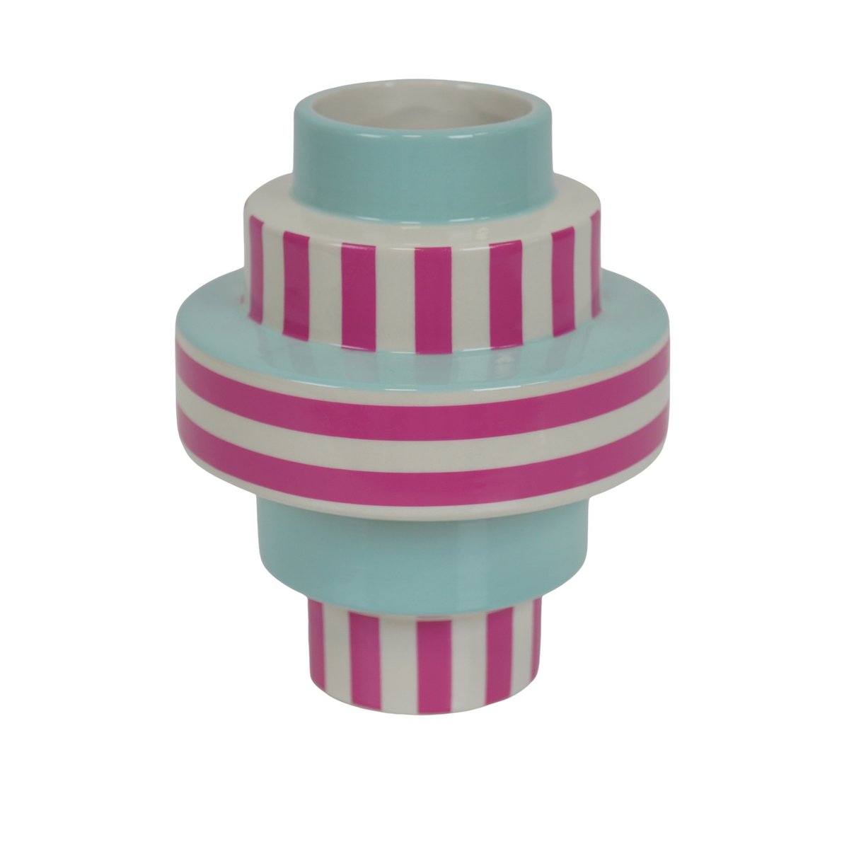 Vase - Stripe - Ceramic - Green/Pink - 14.5x14.5x18cm