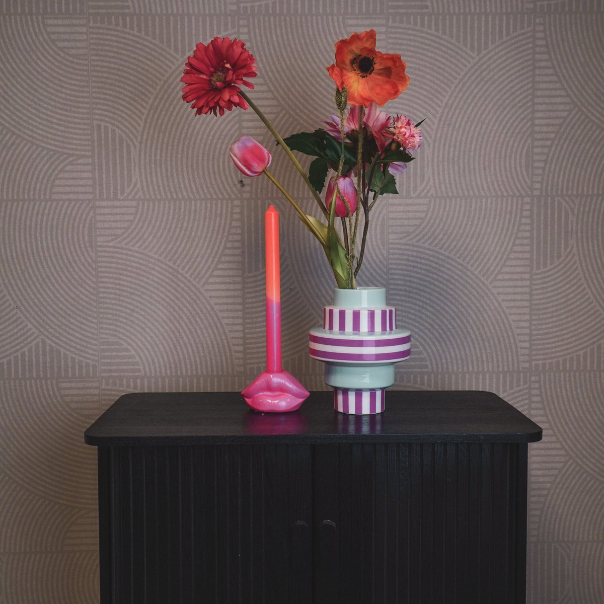 Vase - Stripe - Ceramic - Green/Pink - 14.5x14.5x18cm