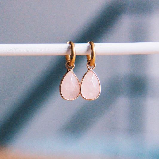 Hanging earring with drop stone - gold / pink
