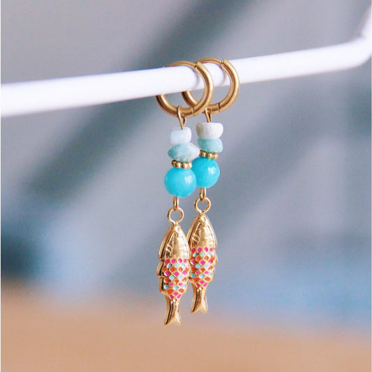 Earrings with gemstones and colored fish - gold
