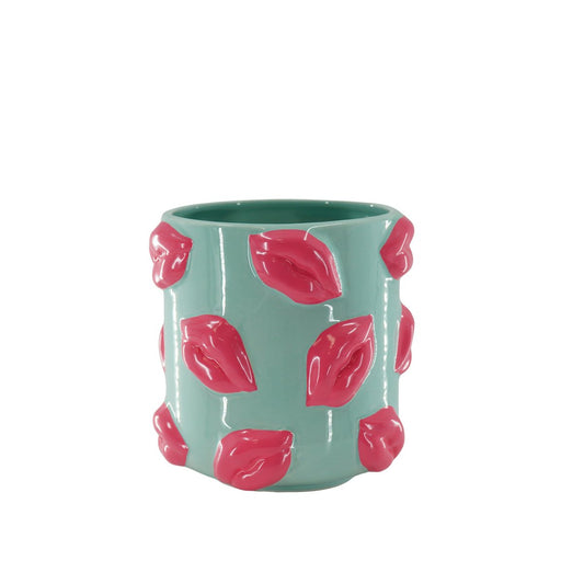 Pot - Kisses - Keramiek - mint/roze - 17,5x17,5x17,5cm