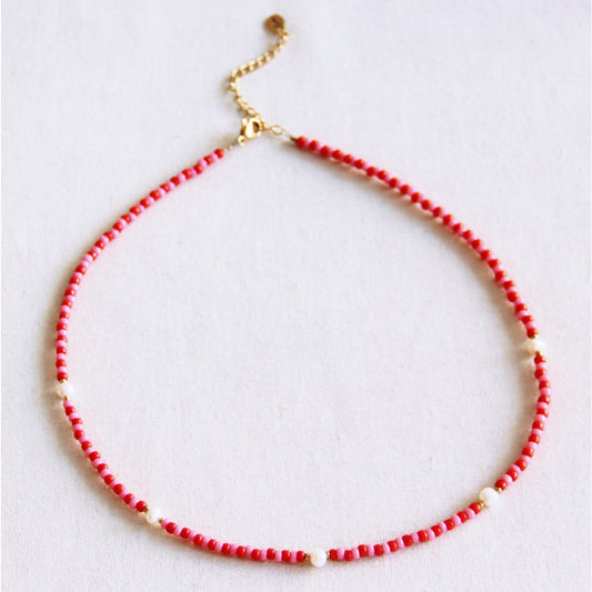 Ketting kralen met parels - roze/rood
