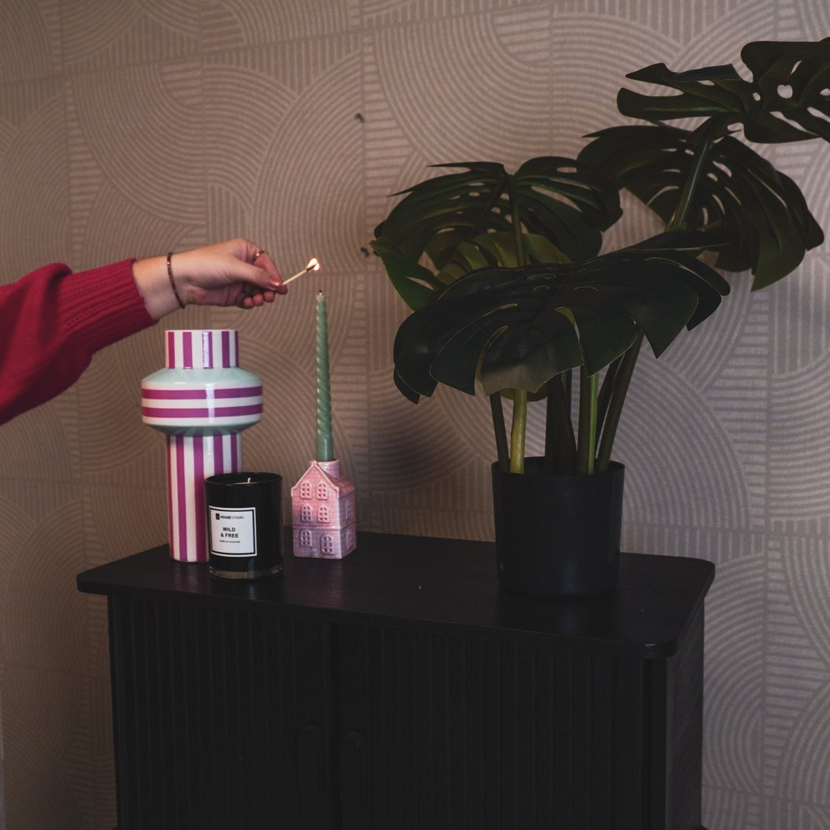 Vase - Stripe - Ceramic - Mint Green/Neon Pink - 13x13x25cm