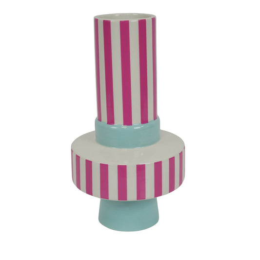 Vase - Stripe - Ceramic - Mint Green/Neon Pink -14x14x26 cm