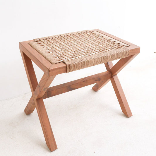 Grote houten kruk INDRA (beige) gemaakt van Trembesi - zitvlak van geweven gerecycled papier
