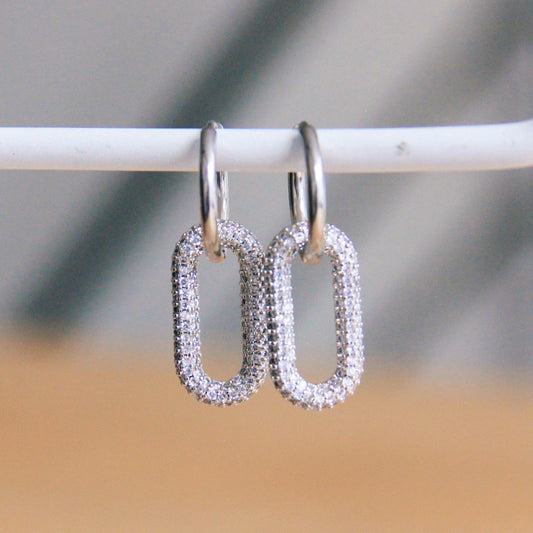Earring with oval crystal pendant - silver