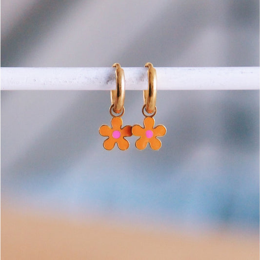 Earrings with flower - orange/pink/gold