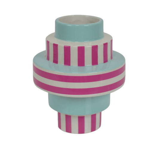 Vase - Stripe - Ceramic - Green/Pink - 14.5x14.5x18cm