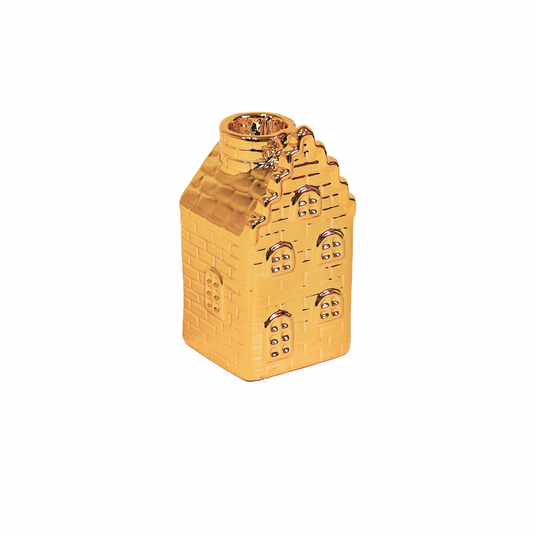Kaarshouder - Huis - Keramiek - Goud - 6x6x11cm